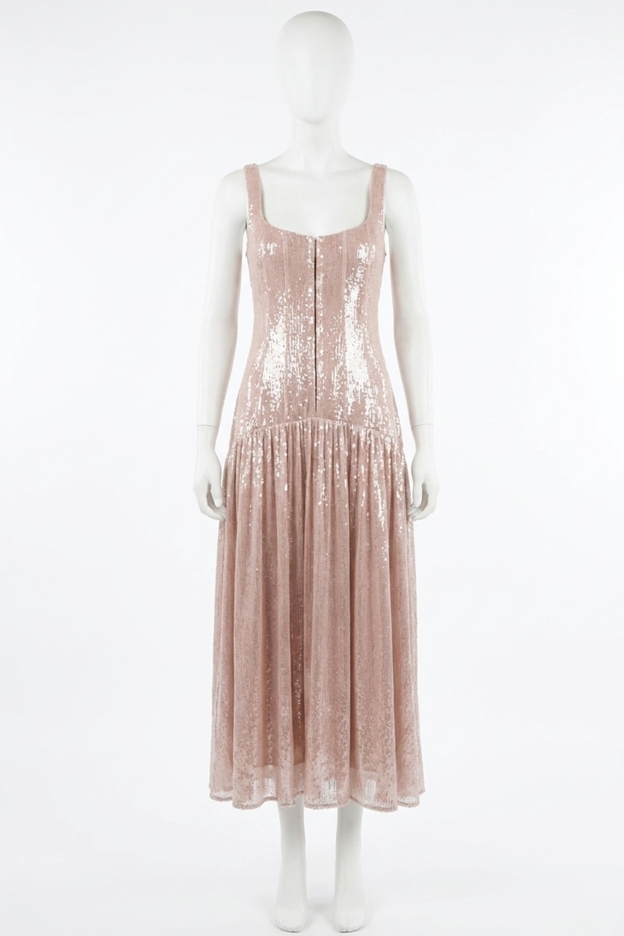 NEW LALAVON front hook and eye sequin maxi dress in beige